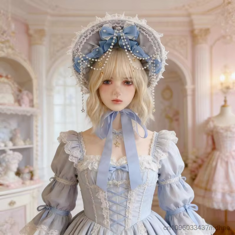 Accessoires de costume Gothic Lolita : Chapeau en dentelle avec nœud, Bonnet élégant vintage victorien pour femme avec ruban perlé, Casquette plate pour Tea Party et Cosplay