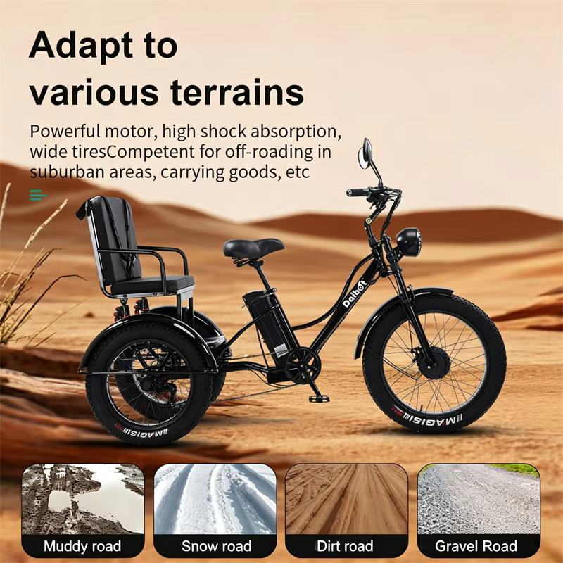 Tricycles électriques à trois roues avec siège de passager pour adulte 48v 750w 24 pouces gros pneu vélo électrique batterie amovible pour homme