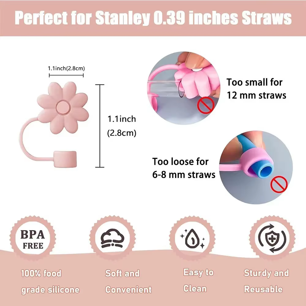 Ensemble d'accessoires 9 pièces, 3 bouchons anti-déversement, fleurs, couverture de paille, botte, 2 pièces, brosse et 1 chaîne à breloques en forme de fleur pour tasse Stanley