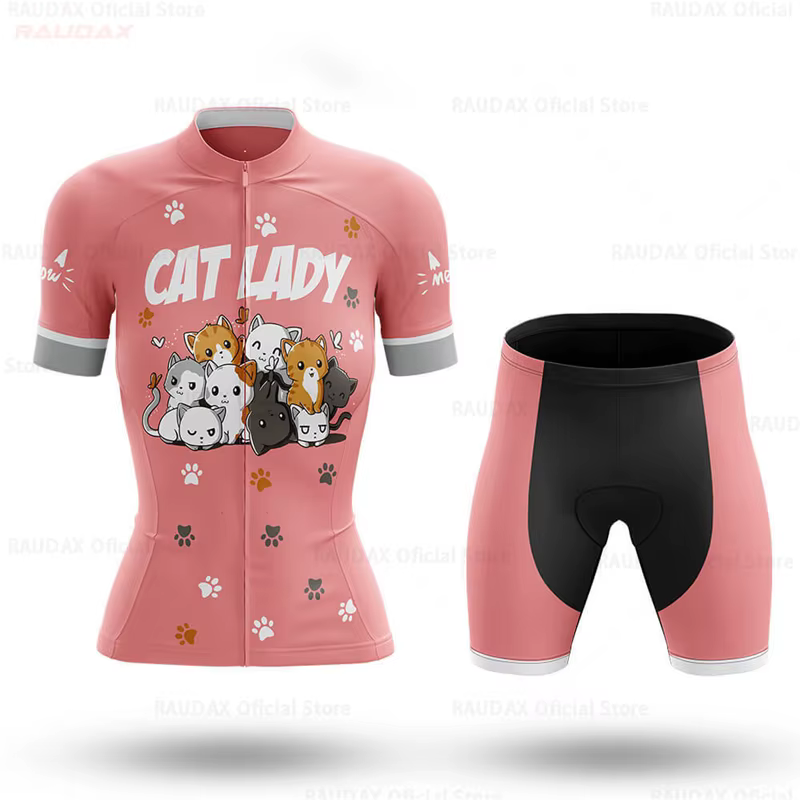 Ensemble de maillot de cyclisme pour femmes 2026 – Tenue de vélo amusante avec motif chat de dessin animé – Vêtements