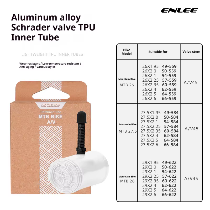 Chambre à air de vélo ENLEE en TPU avec valve Schrader en alliage d'aluminium