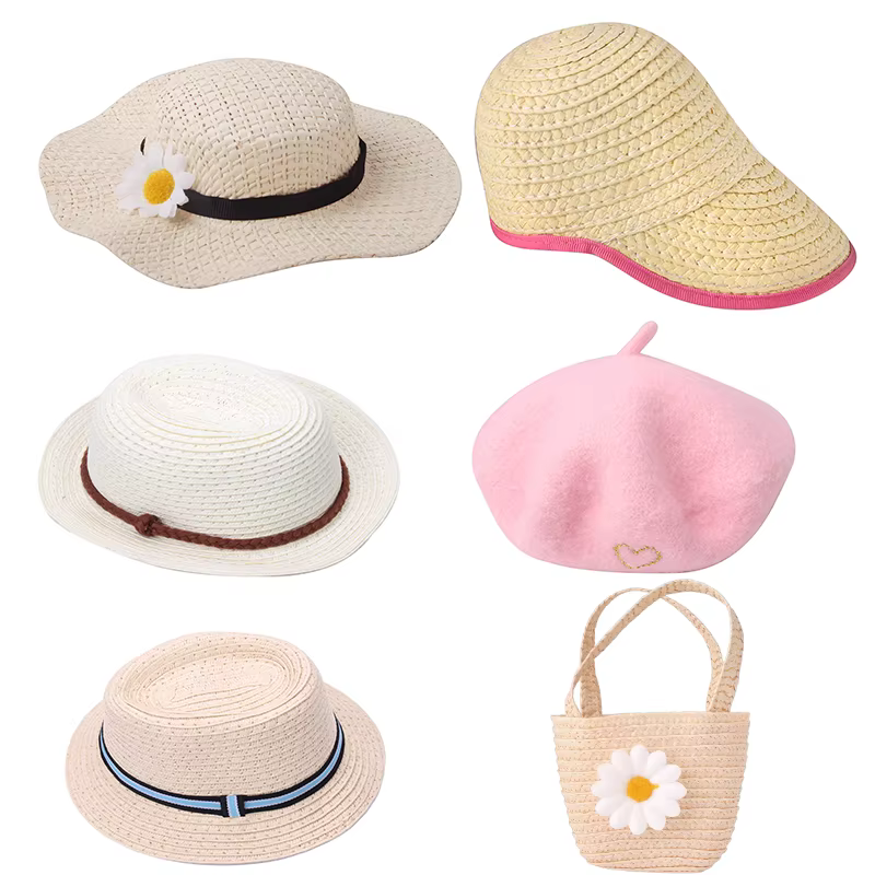 Accessoires pour poupée de 18 pouces : chapeau et sac, chapeau de paille pour la plage et le jardin, élégant béret pour poupée, accessoires de poupée tendance pour la photographie