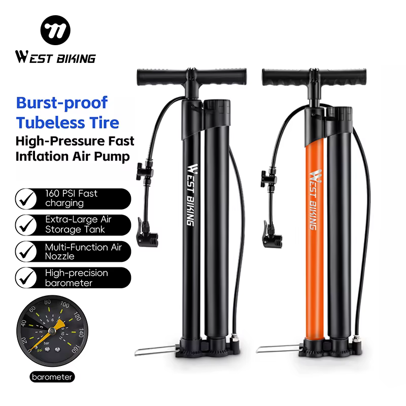Pompe à vélo WEST BIKING, pompe à air portable à double tube haute pression, gonflage rapide, pompe à air avec manomètre, pompe à air pour VTT et vélo de route