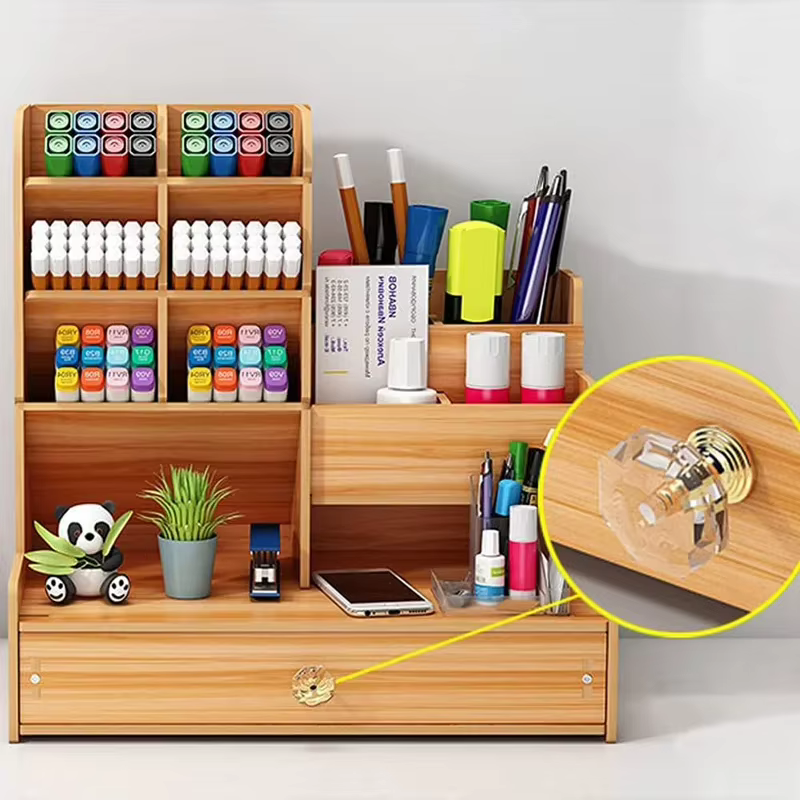 Organisateur de bureau en bois DIY, porte-stylos de bureau, boîte de rangement de papeterie grande capacité avec tiroir pour la maison, le bureau et l'école
