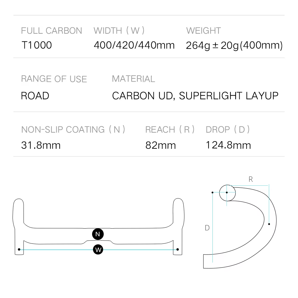Guidon de vélo de route entièrement en carbone