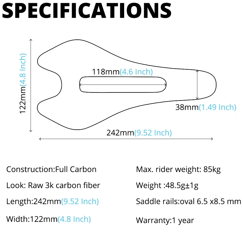Selle de vélo ULLICYC entièrement en carbone 48g 3K Raw Matte 242x122mm 7x9mm Rail ovale