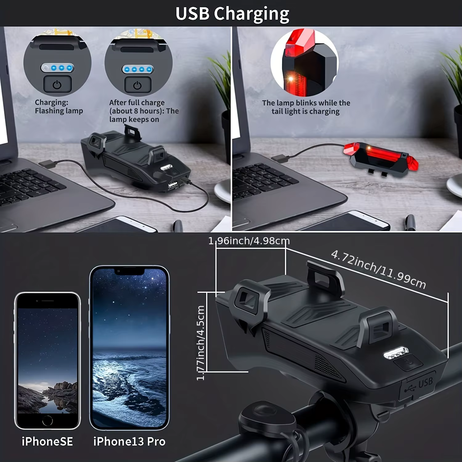 Lampe de vélo, phare rechargeable USB à 3 LED