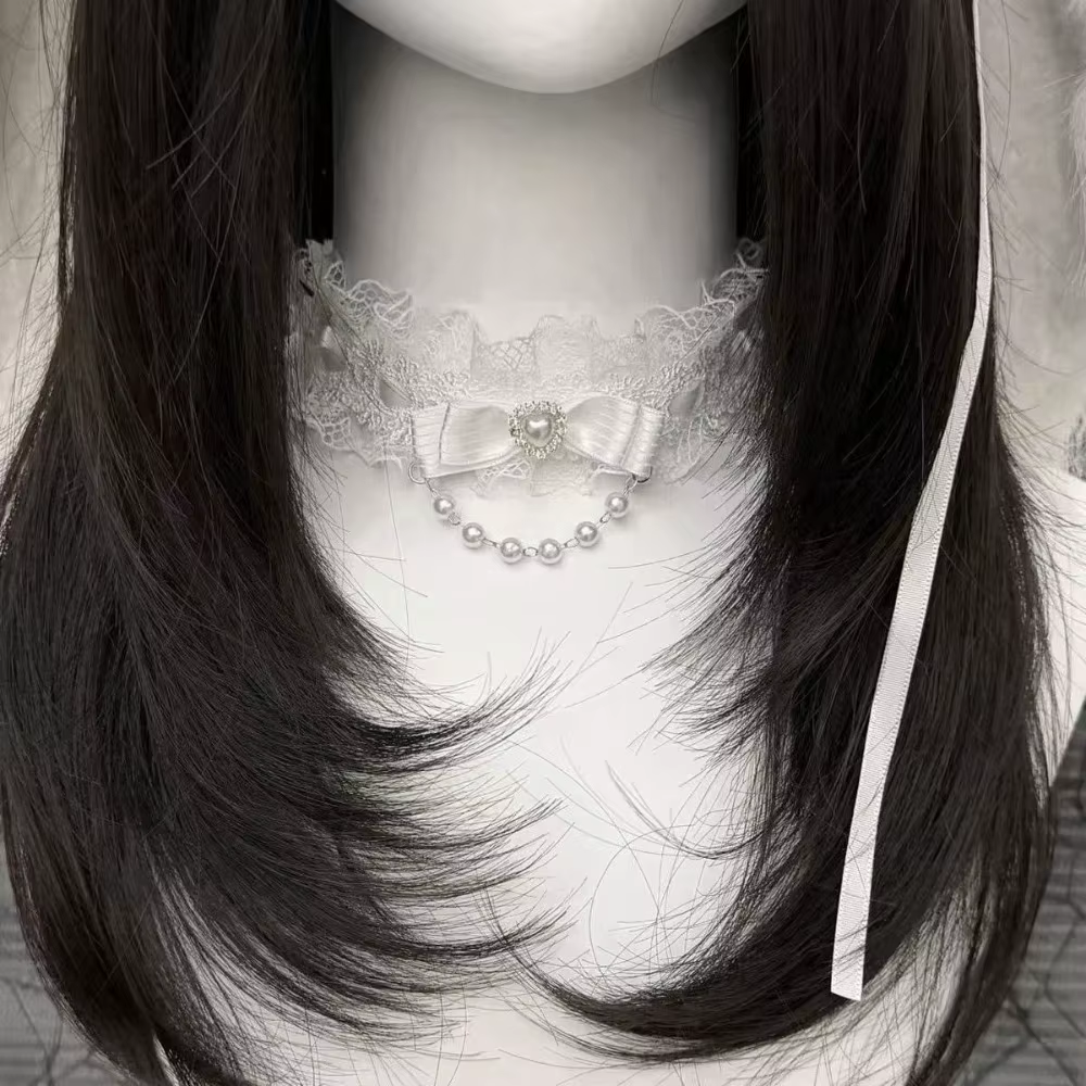 Collier ras du cou tendance en dentelle avec nœud et volants pour femme, style Lolita, collier ras du cou en perles pour filles, accessoires mignons pour le cou