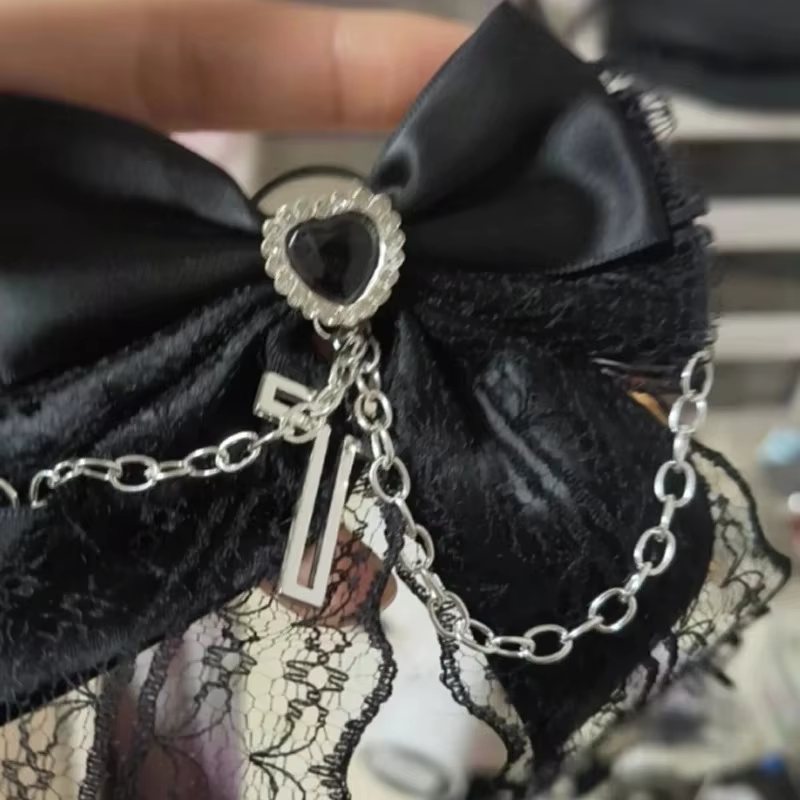 Barrette Gothique en Tissu avec Nœud, Dentelle et Chaîne Croisée, Accessoire Cheveux Vintage Romantique pour Femmes, Filles et Cosplay