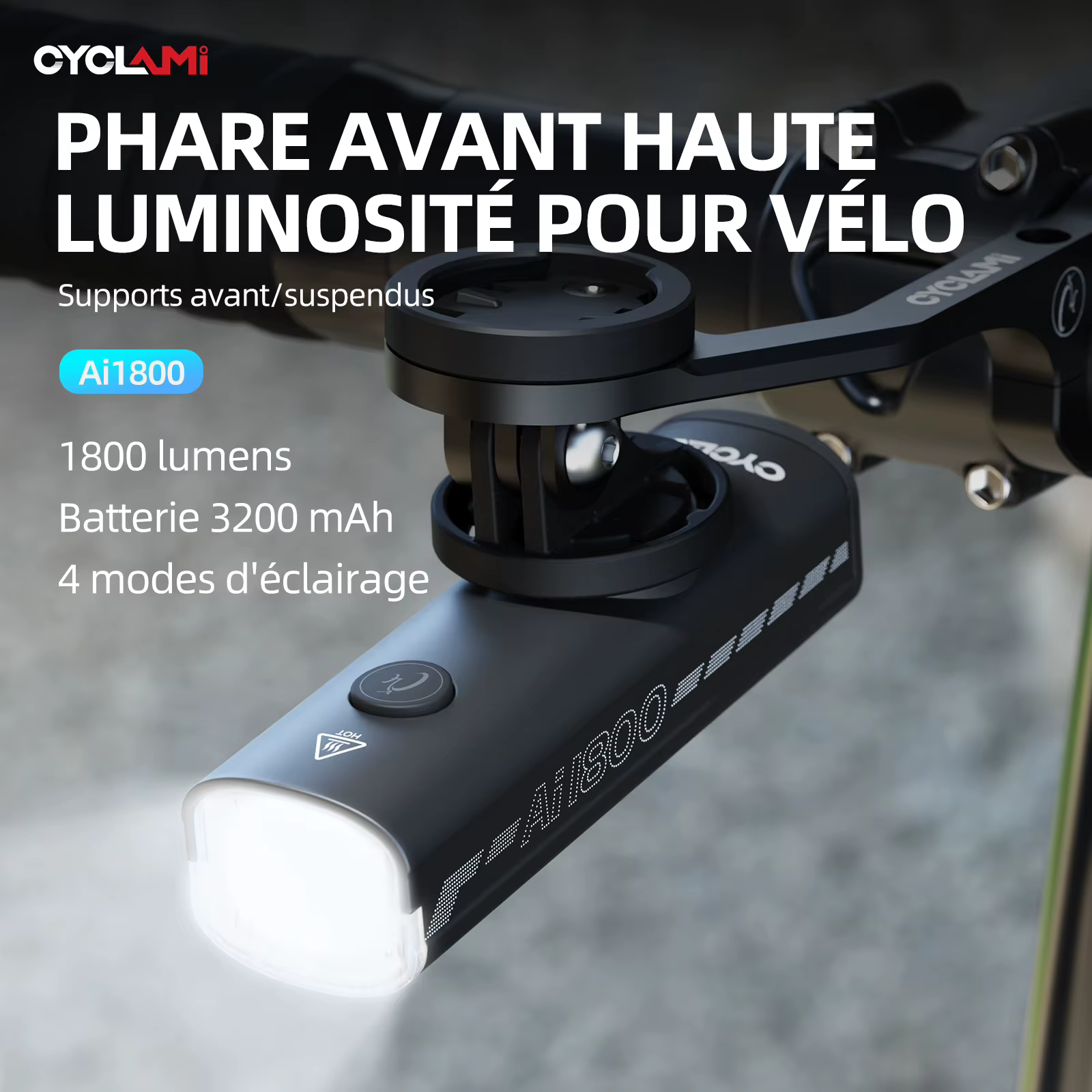 CYCLAMI 1200/1800 Lumen phare de vélo Ultra-léger suspendu avant lampe en alliage d'aluminium vtt