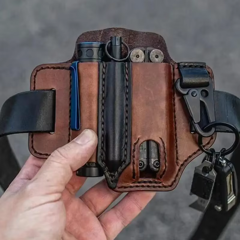 Gaine en cuir pour maroquinerie, multi-outils, organisateur de poche EDC, pochette pour couteau tactique de chasse, lampe de poche, outil de Camping en plein air