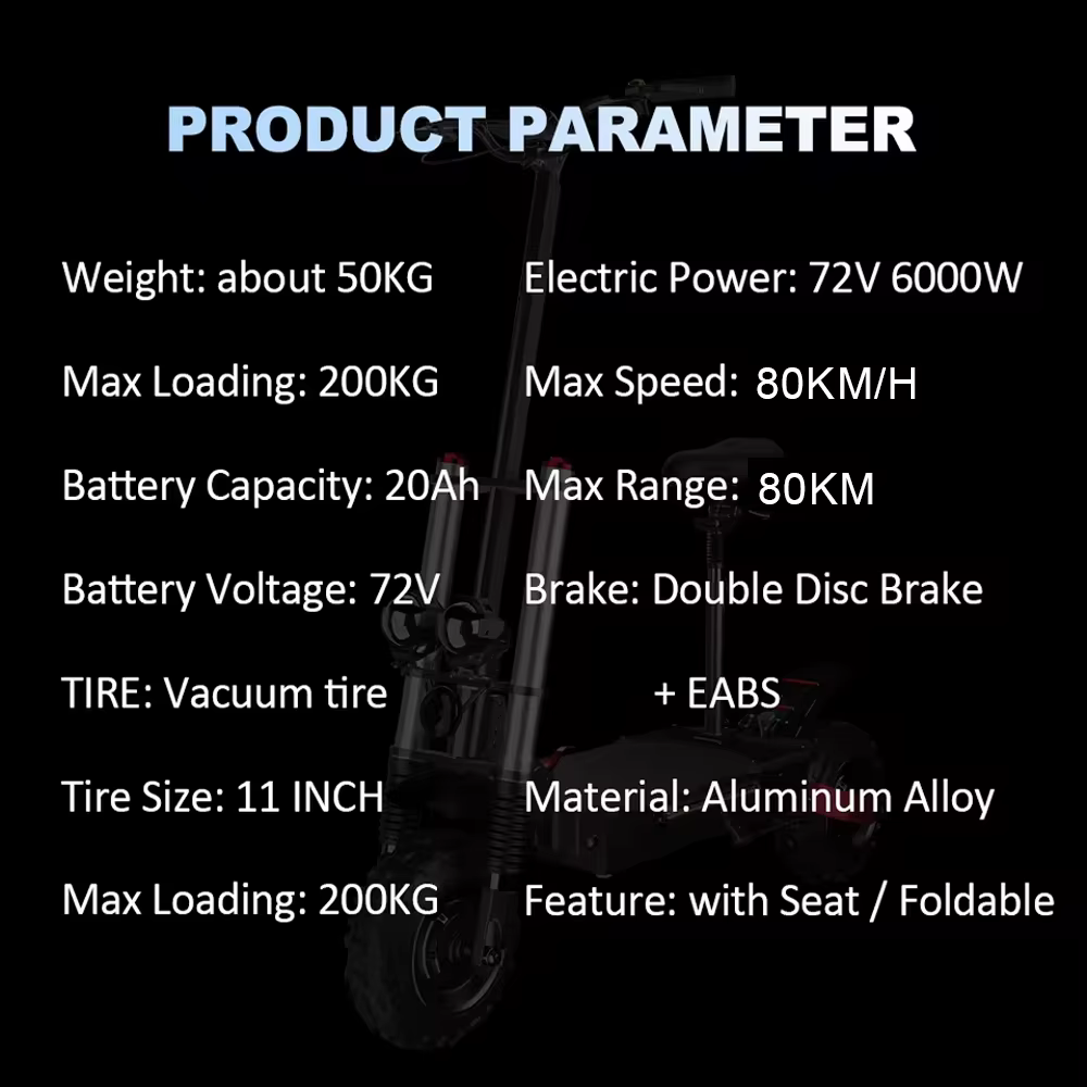 Scooter électrique pour adultes, vitesse maximale 85-90 km/h, 30 Ah, moteurs puissants 6000 W, pneus tout-terrain 11 pouces, e-scooter