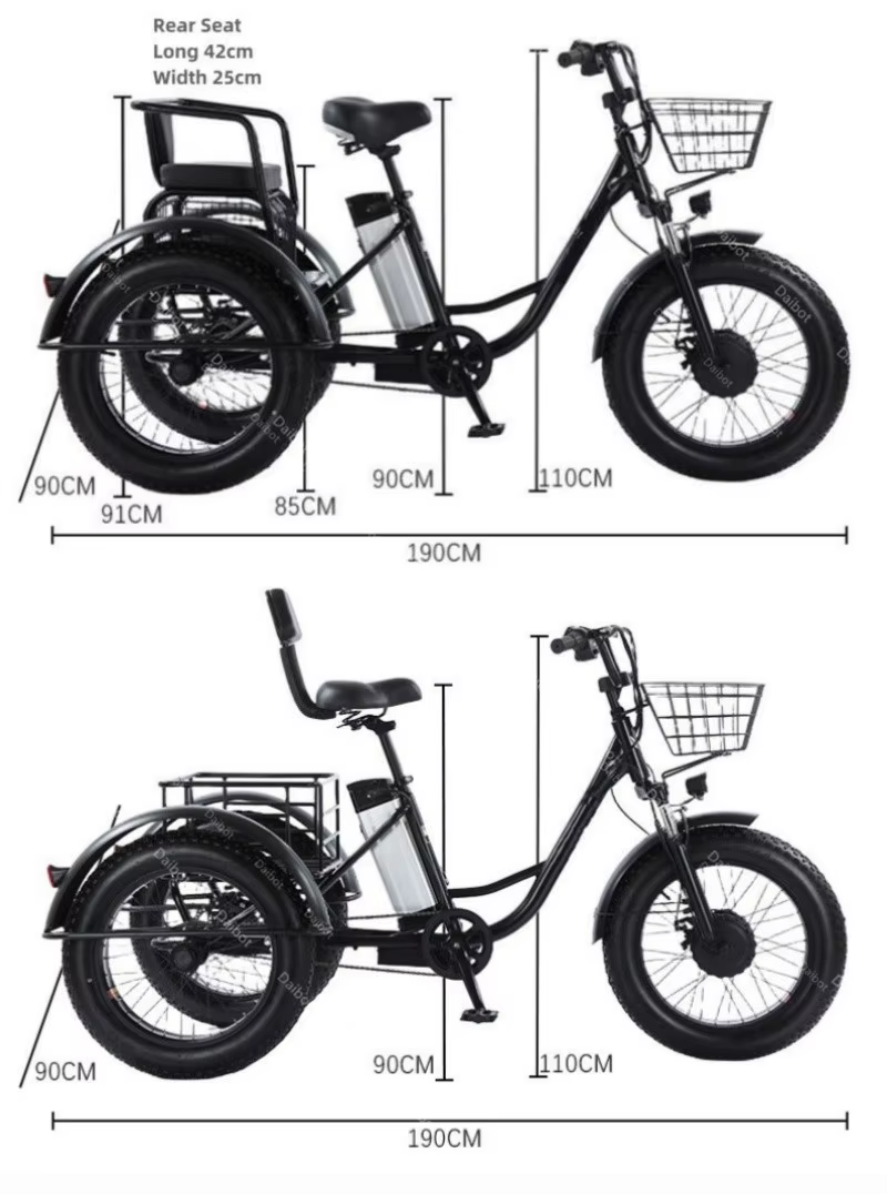 Gros vélo vélo électrique 20 pouces neige puissant homme 48V 500W Tricycle électrique cargo avec siège passager pour adultes personnes âgées