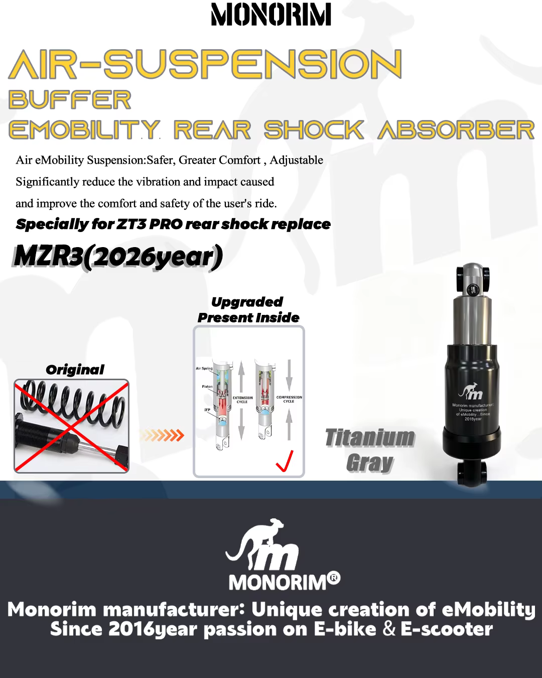 Amortisseur arrière à suspension pneumatique Monorim MZR3 Pro pour trottinette électrique Segway ZT3 Pro - Accessoires