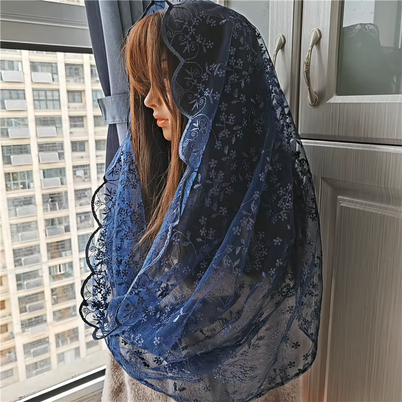 Manille à fleurs brodées bleu marine pour femmes, couvre-tête, motif Floral infini, chapelle en Tulle, cadeau catholique, Vintage, masse espagnole