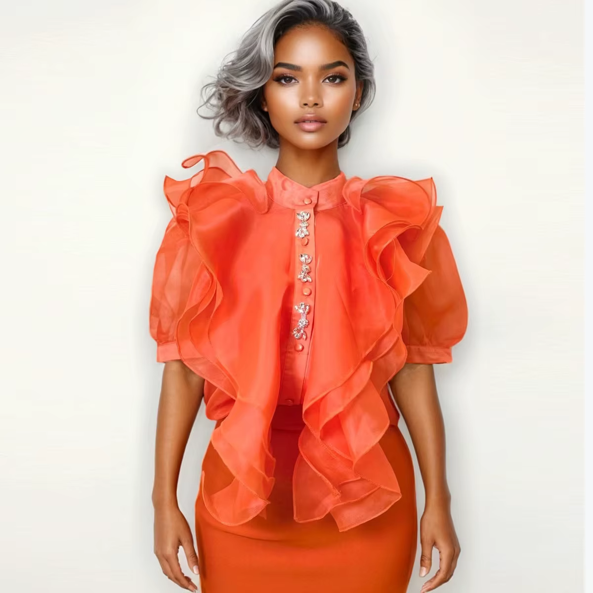 Chemisier Orange en Organza à Volants, Col Montant, Manches Courtes Bouffantes, Boutons Strass, Maille Transparente, Élégant pour Fêtes et Bureau