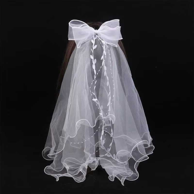 Voile de mariée en tulle pour femme, deux couches, simple et élégant, avec nœud et bordure en dentelle, avec clip pour fête de mariage