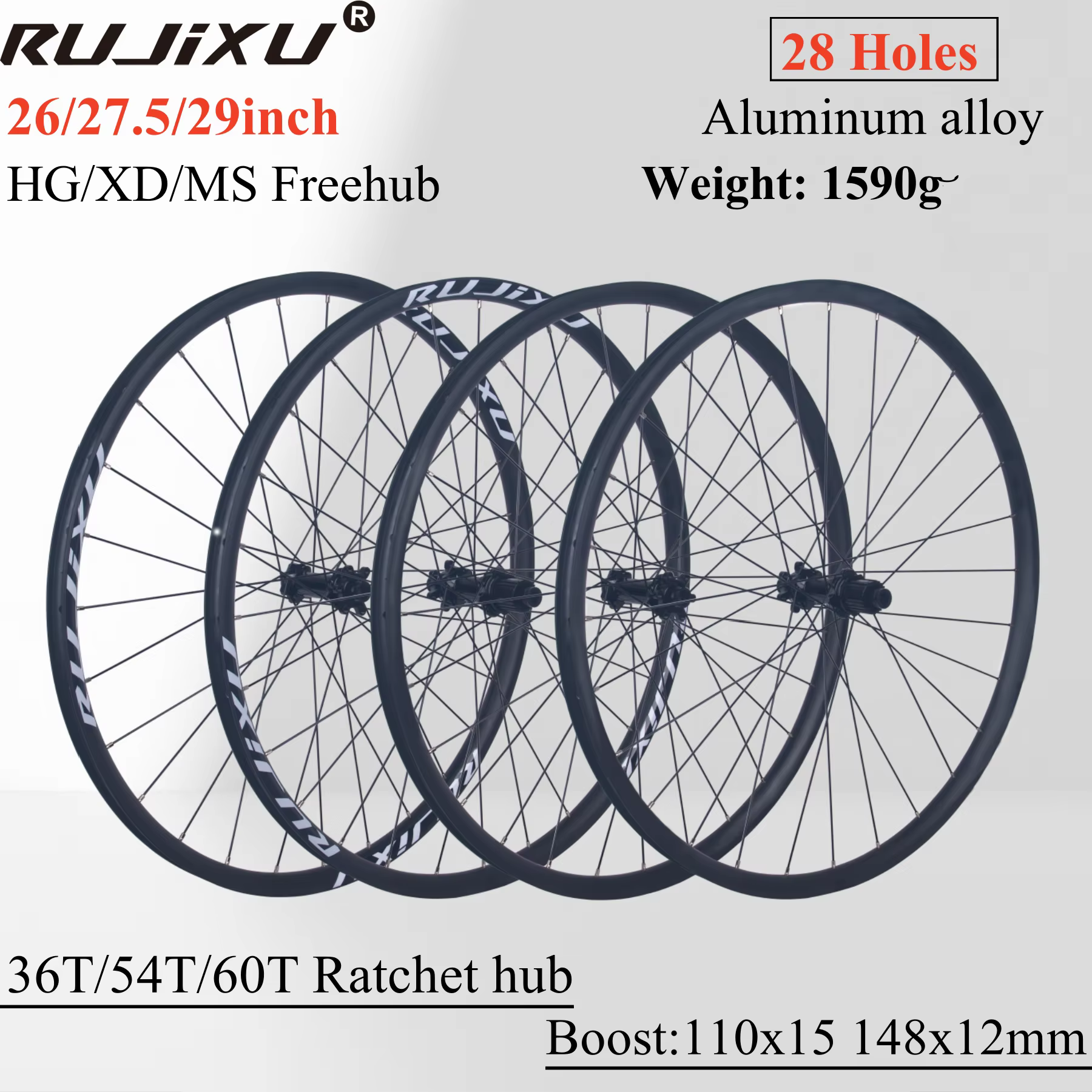 RUJIXU haute Performance 26/27.5/29 pouces ensemble de roues de vélo en alliage d'aluminium 28H Tubeless et pneu