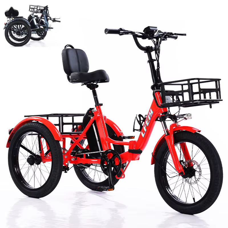 Vélo électrique Cargo 3 roues pliant homme adulte hors route montagne avec 2 paniers/siège réglable 350W gros pneu