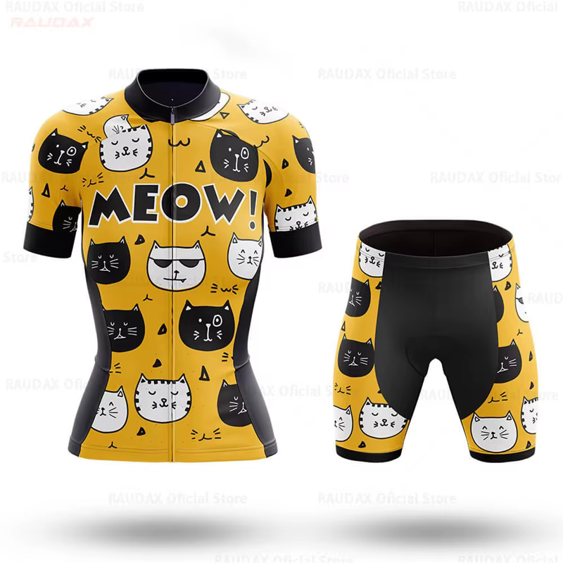 Ensemble de maillot de cyclisme pour femmes 2026 – Tenue de vélo amusante avec motif chat de dessin animé – Vêtements