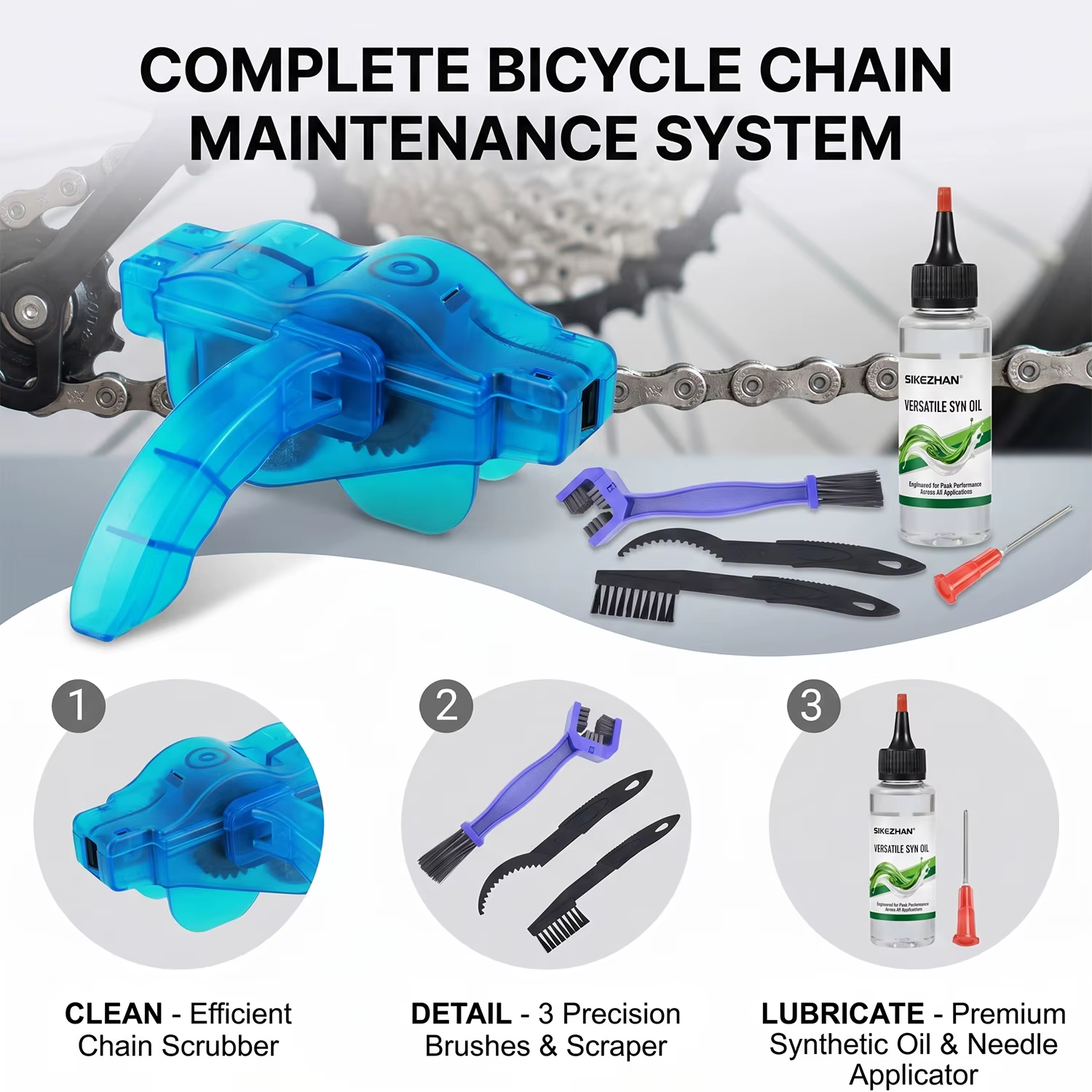 Kit complet d'entretien de transmission de vélo : Nettoyeur de chaîne efficace et huile lubrifiante de précision pour l'entretien universel des VTT et des vélos de route