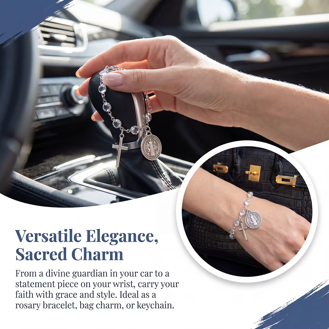 Accessoire de voiture : Chapelet de protection catholique avec médaille de Saint Benoît et pendentif croix pour décoration intérieure automobile, pendentif de protection religieux