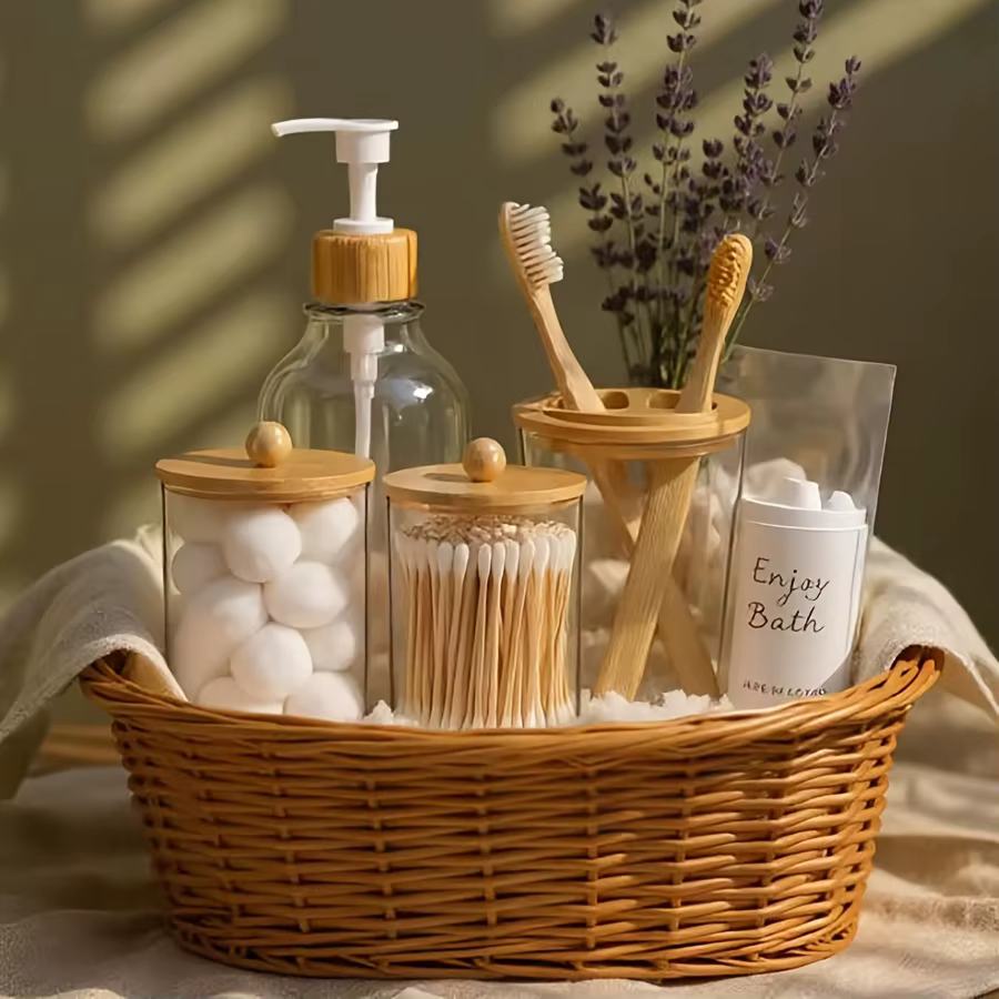 Ensembles d'accessoires de salle de bain Boho, ensemble complet d'accessoires de salle de bain, 4 pièces, distributeur de savon de bain transparent et porte-brosse à dents