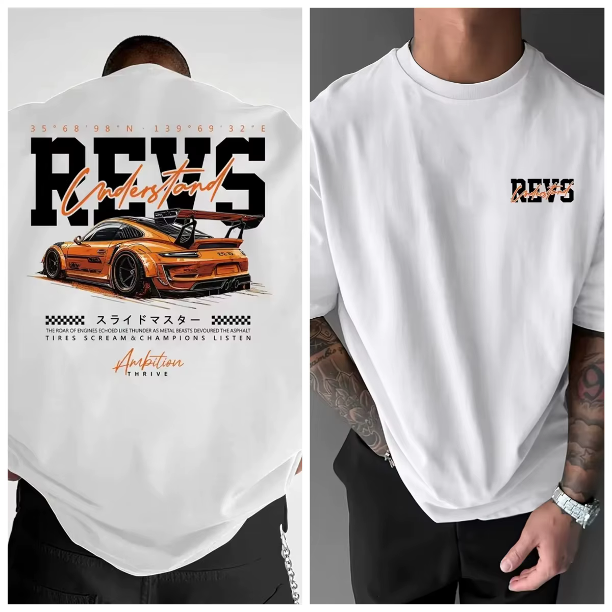 T-shirt pour homme en coton doux de qualité supérieure avec imprimé graphique de voiture de sport orange et texte REVS, parfait pour un style streetwear urbain estival