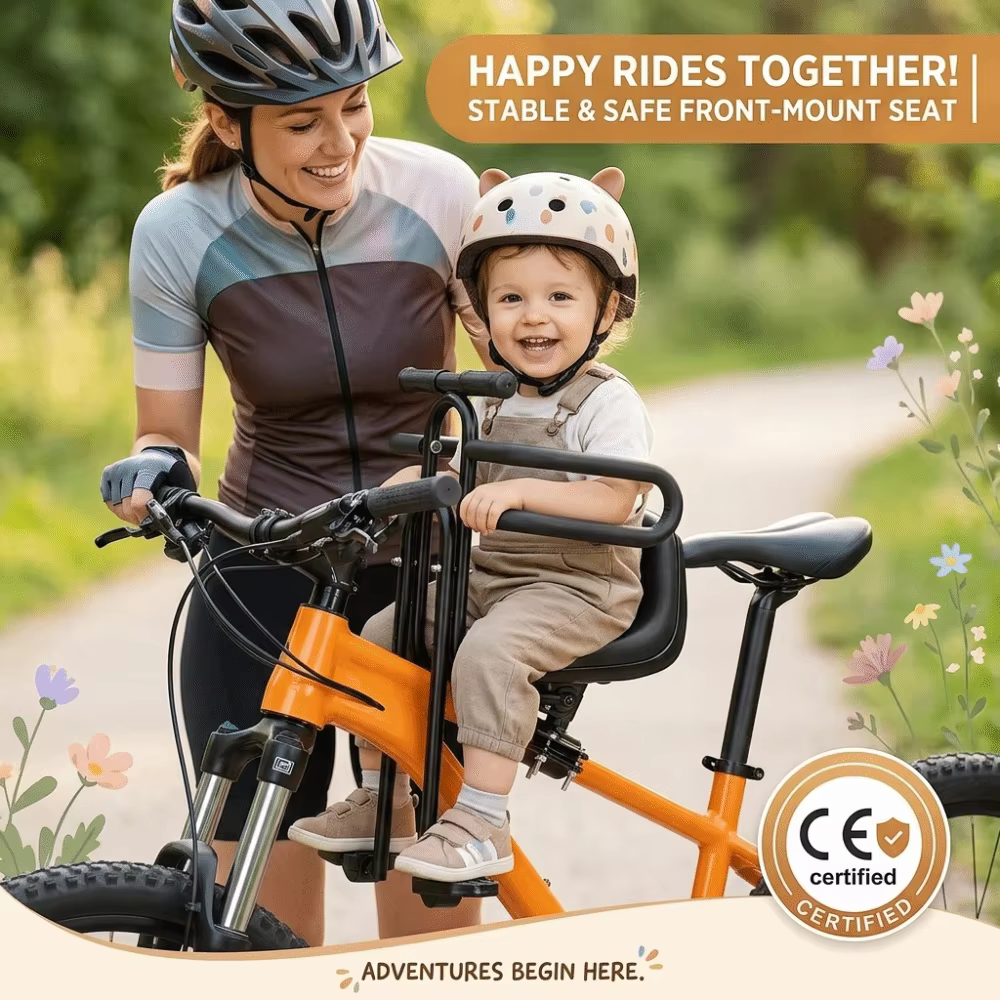 Siège enfant avant pour vélo VTT avec accoudoirs et pédales