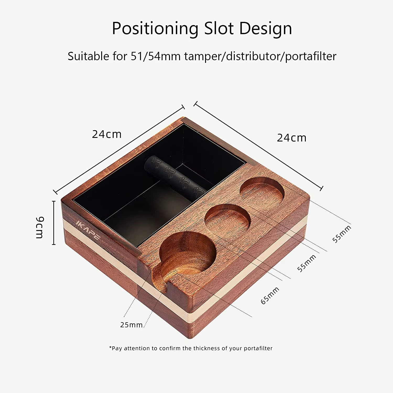 IKAPE Knock Box V1 pour Espresso, Boîte d'Organisation d'Accessoires pour Espresso, Base de Station en Noyer Naturel, Rangement pour Accessoires 51/54mm