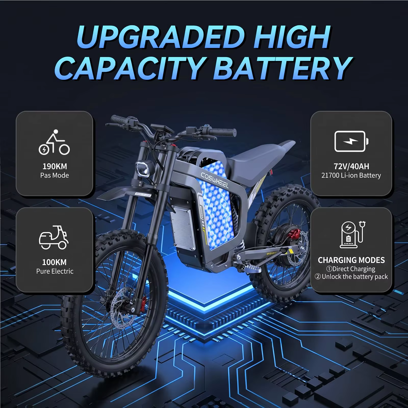 Motos électriques R19, batterie lithium 72V 40AH