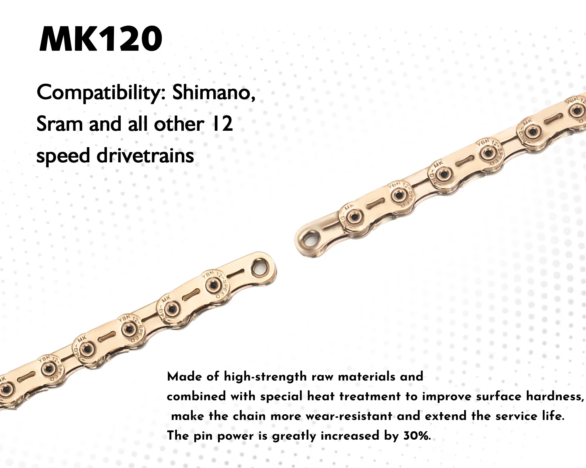 YBN – chaîne de vélo de route ultralégère MK120, 12 vitesses, 126 maillons, huile creuse, revêtement en titane pour Shimano DA Sram rouge