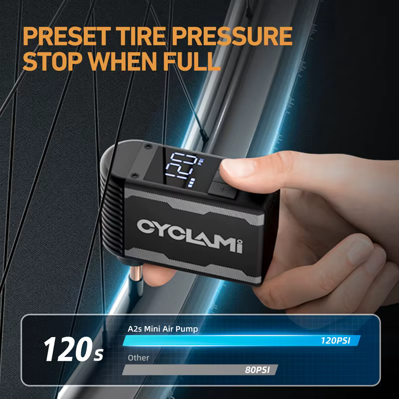 CYCLAMI A2S 120 PSI Mini pompe électrique Portable vélo sans fil gonfleur d'air Presta Schrader Valve FV AV cyclisme vtt