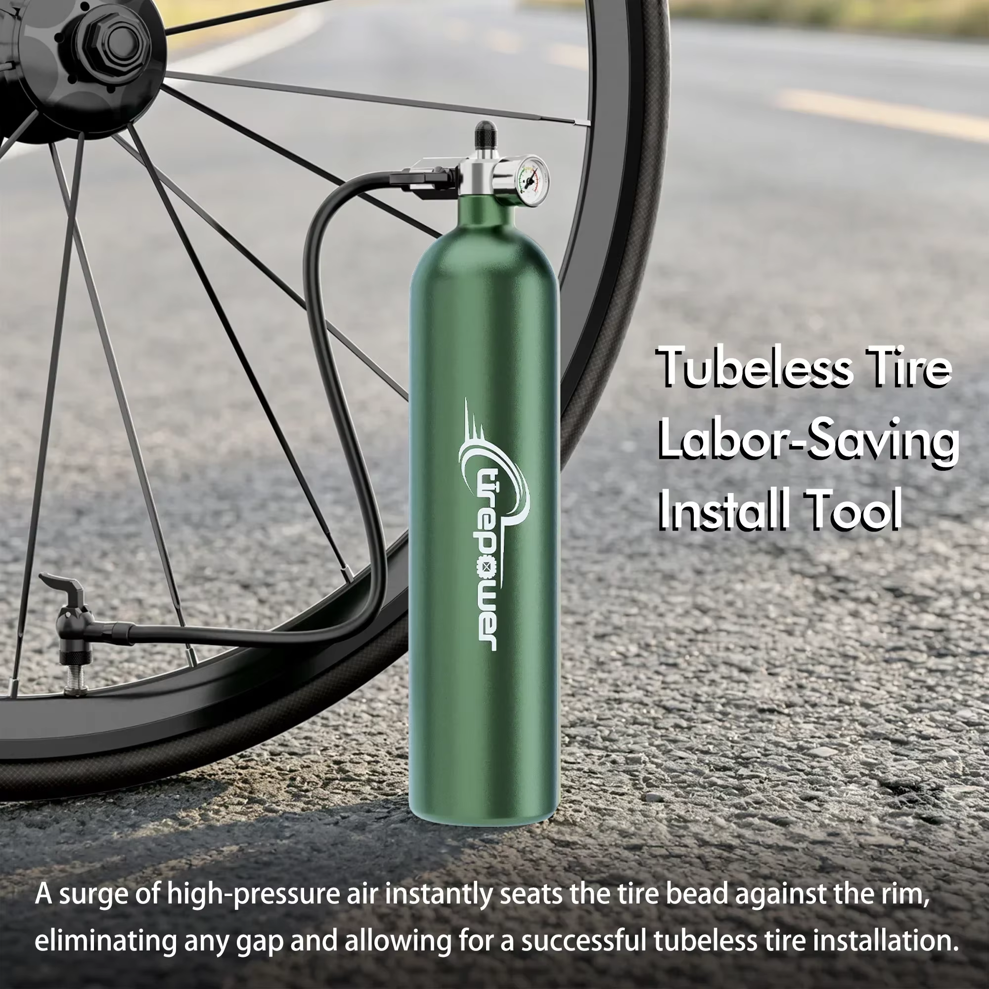 Pompe à vélo 1,3 L, gonfleur sans chambre à air, bouteille d'air pour pneus, booster de pneus avec valve, cylindre à gaz avec manomètre pour VTT et vélo de route