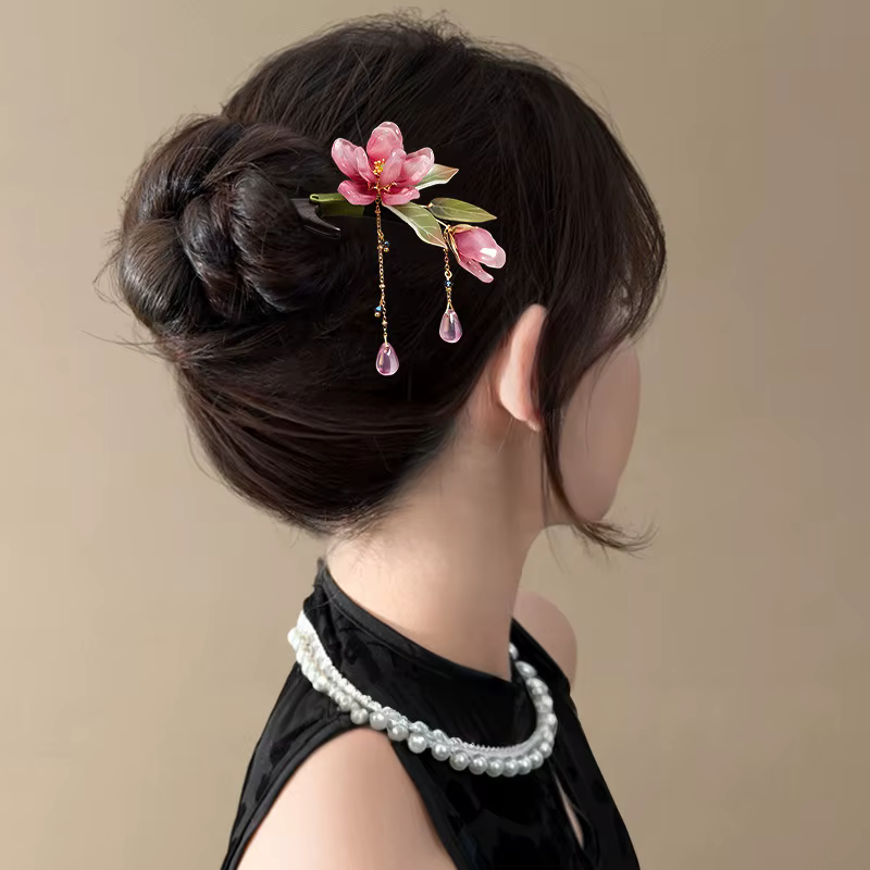 Épingle à cheveux florale de Style chinois, pompon de fleur rose, accessoire de cheveux élégant Hanfu traditionnel rétro pour femmes, fête quotidienne