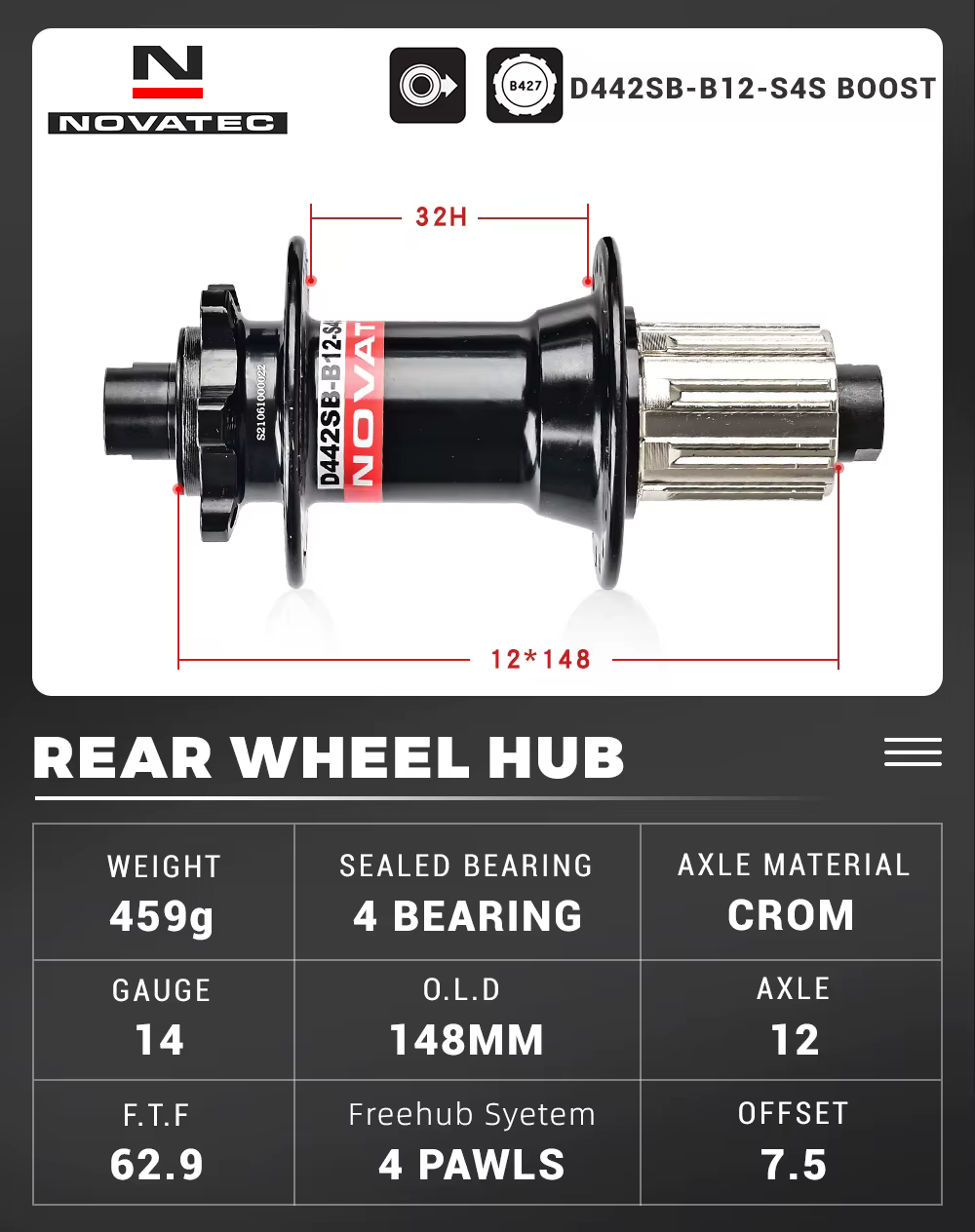 Moyeux de vélo Novatseats D041SB-B15 D042SB-B12 BOOST Avant 110*15MM Arrière 148*12MM En Acier Inoxydable HG Freehub 8 9 10 11 Vitesse 32 Trou