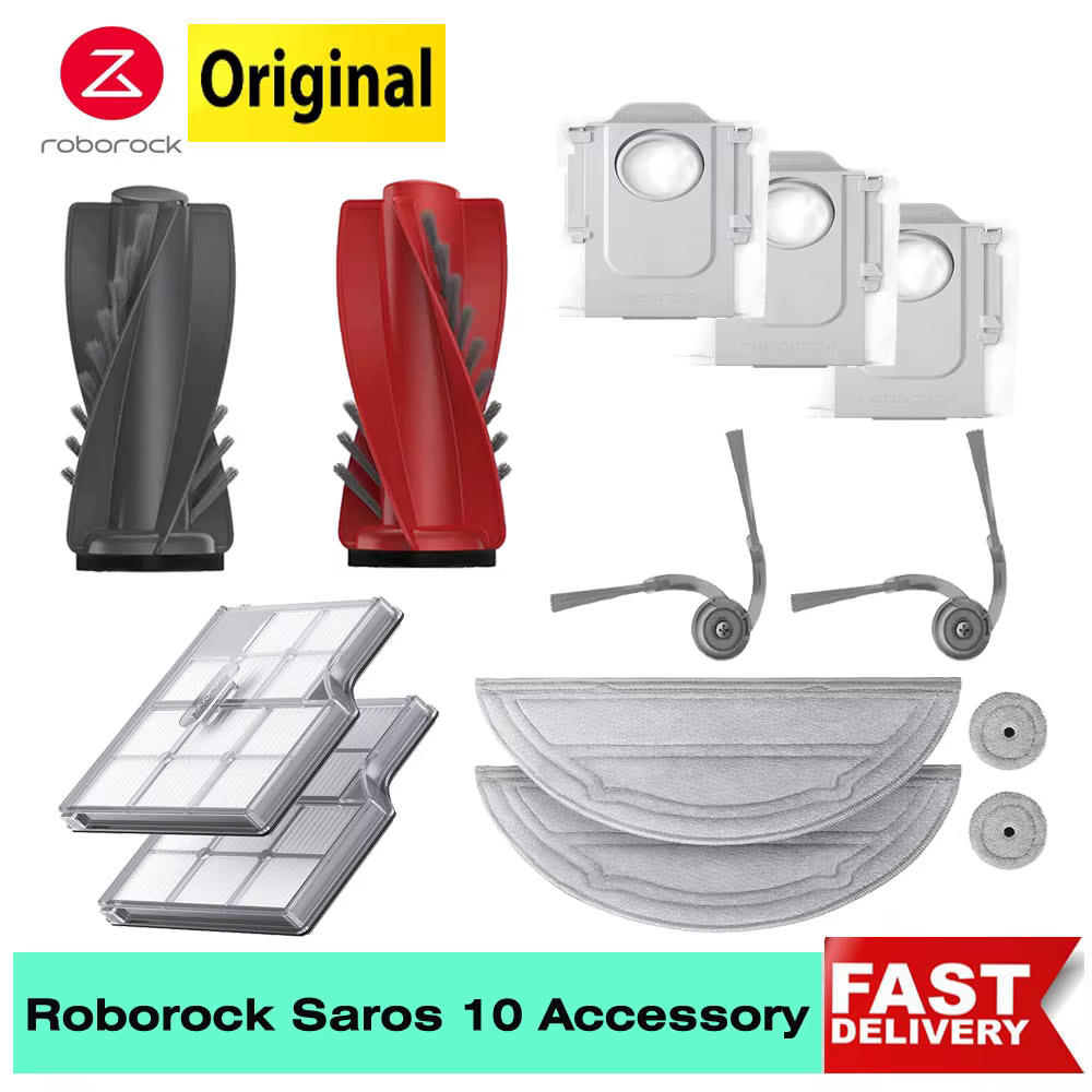 Roborock Saros 10 – accessoires authentiques, sac à poussière, brosse principale, filtre, brosses latérales, tissu de vadrouille, pièces de rechange originales en option