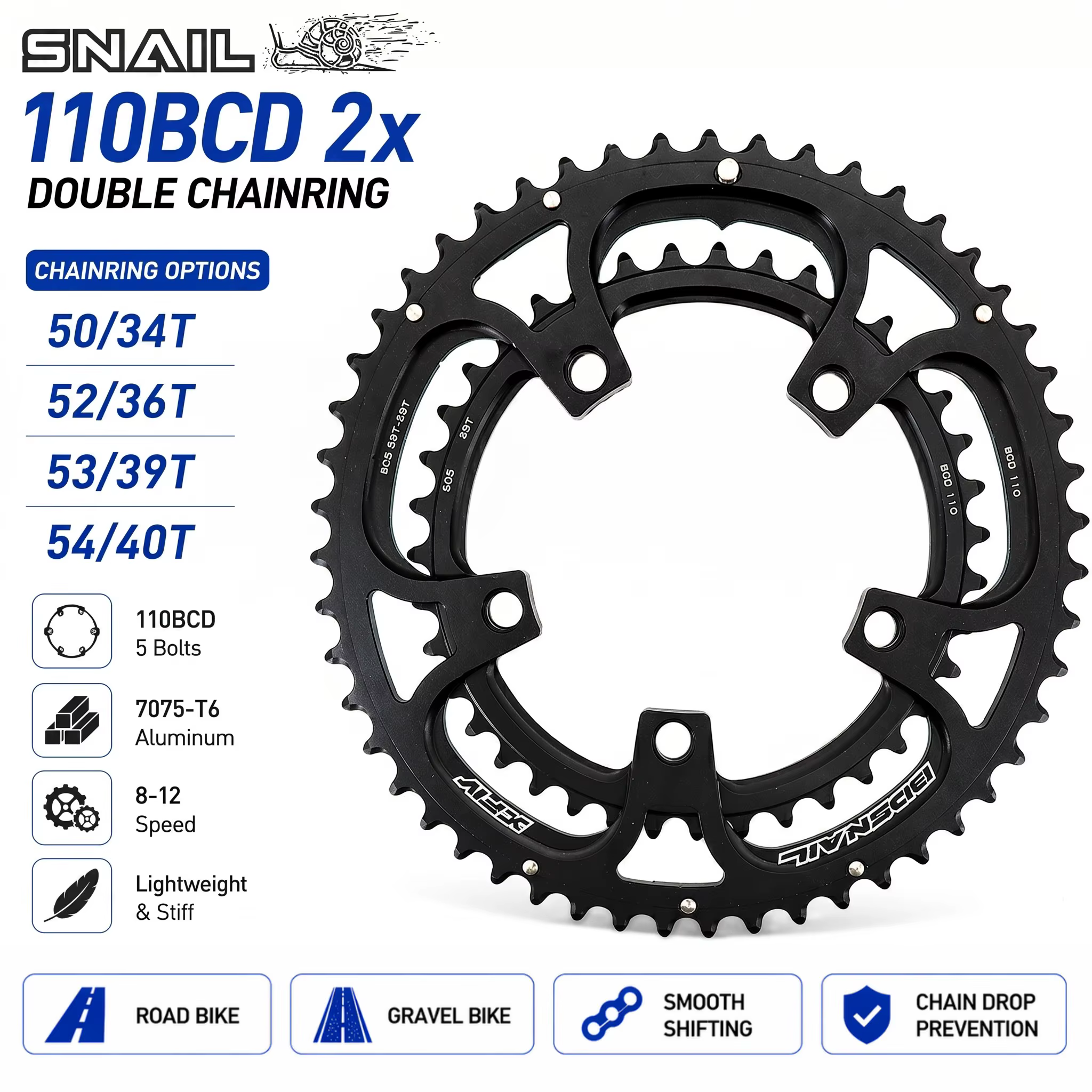Plateau de pédalier double ovale/rond Snail 110BCD 2x pour vélo de route 50/34 52/36 53/39 54/40 compatible Shimano et SRAM 8 9 10 11 12 vitesses