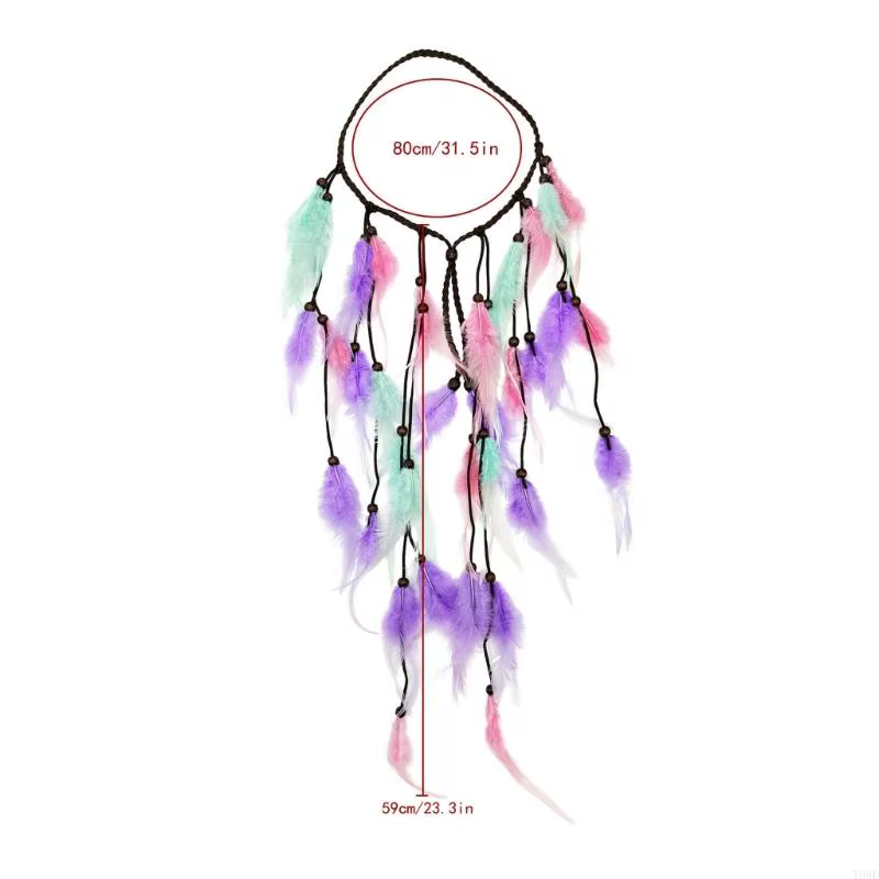 Accessoire pour cheveux bandeau en plumes avec cordon tressé pour le des tenues Festival, les Looks vacances les