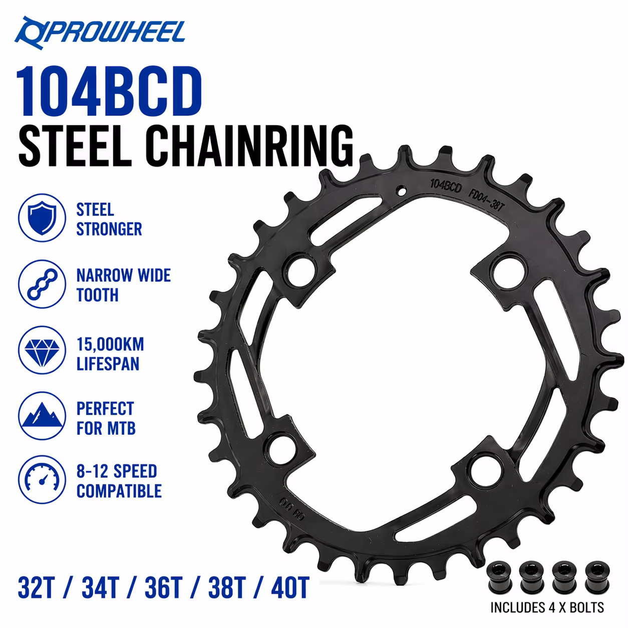 Plateau de pédalier Prowheel 104BCD en acier 32T 34T 36T 38T 40T Narrow Wide Super Durable 15000KM pour VTT 8/9/10/11/12 vitesses