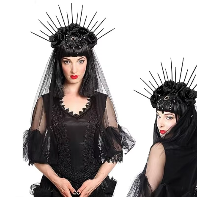 Couronne halo gothique, bandeau fleuri, voile noir. Accessoire de couronne Sunburst Spike pour dames, accessoire de cheveux pour costume d'Halloween