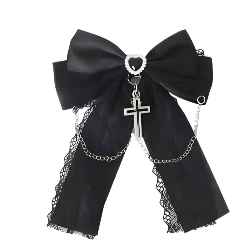 Barrette Gothique en Tissu avec Nœud, Dentelle et Chaîne Croisée, Accessoire Cheveux Vintage Romantique pour Femmes, Filles et Cosplay