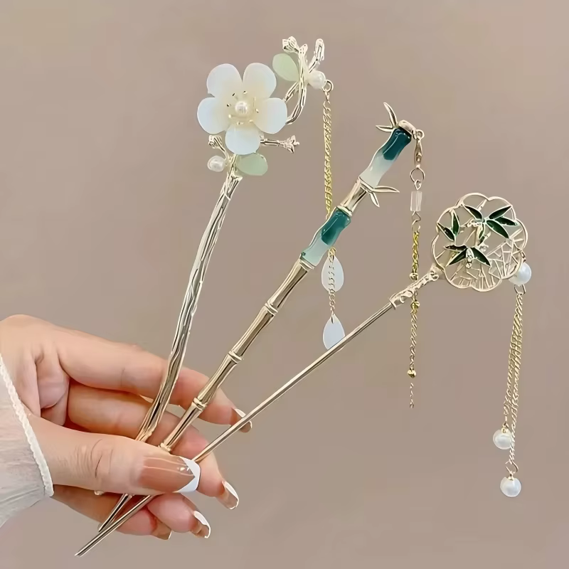 Pince à cheveux élégante de Style chinois, bâton à pompon, Design Floral traditionnel, accessoire de coiffure, bijoux pour femmes, épingle à cheveux