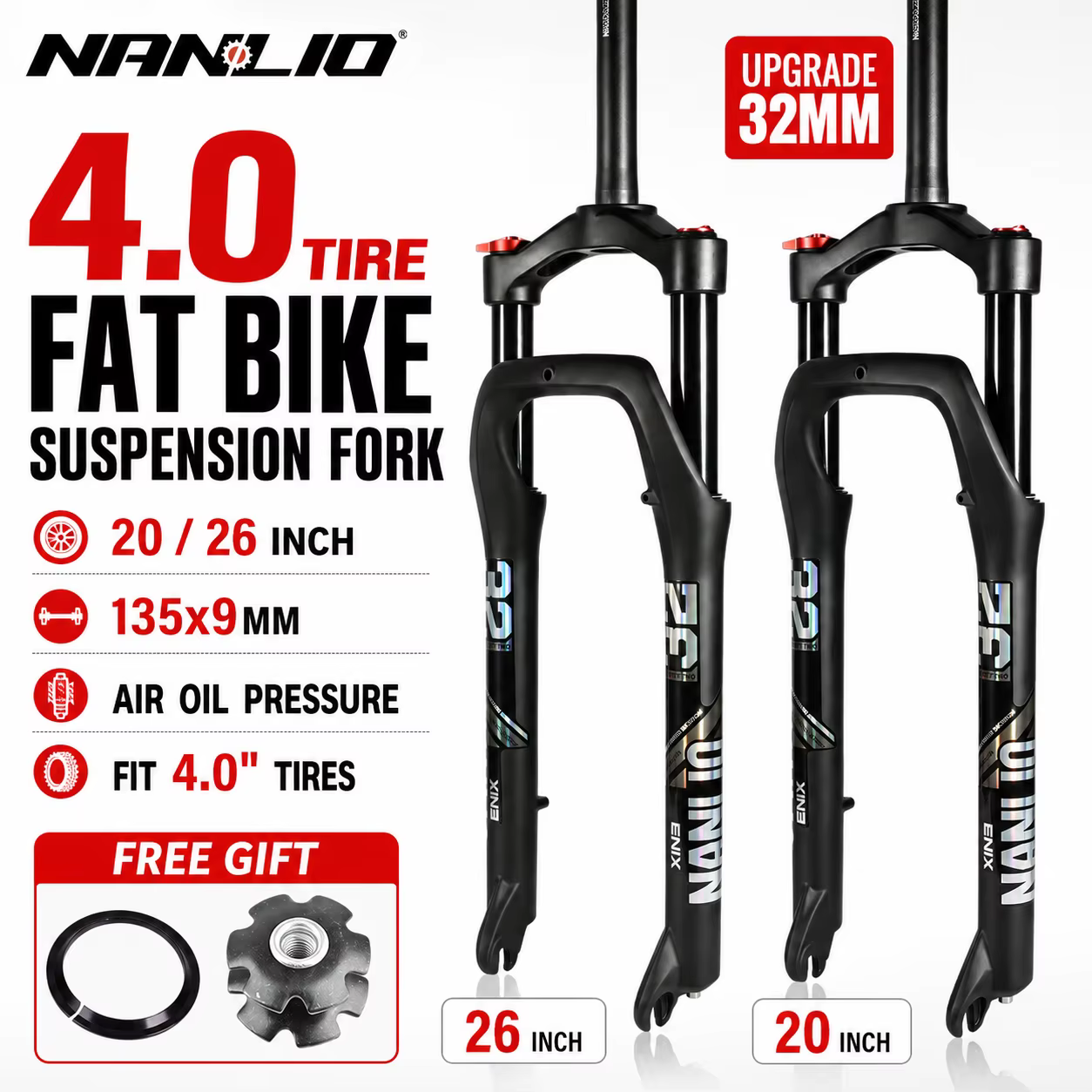 Fourche à suspension pneumatique NANLIO pour Fat Bike