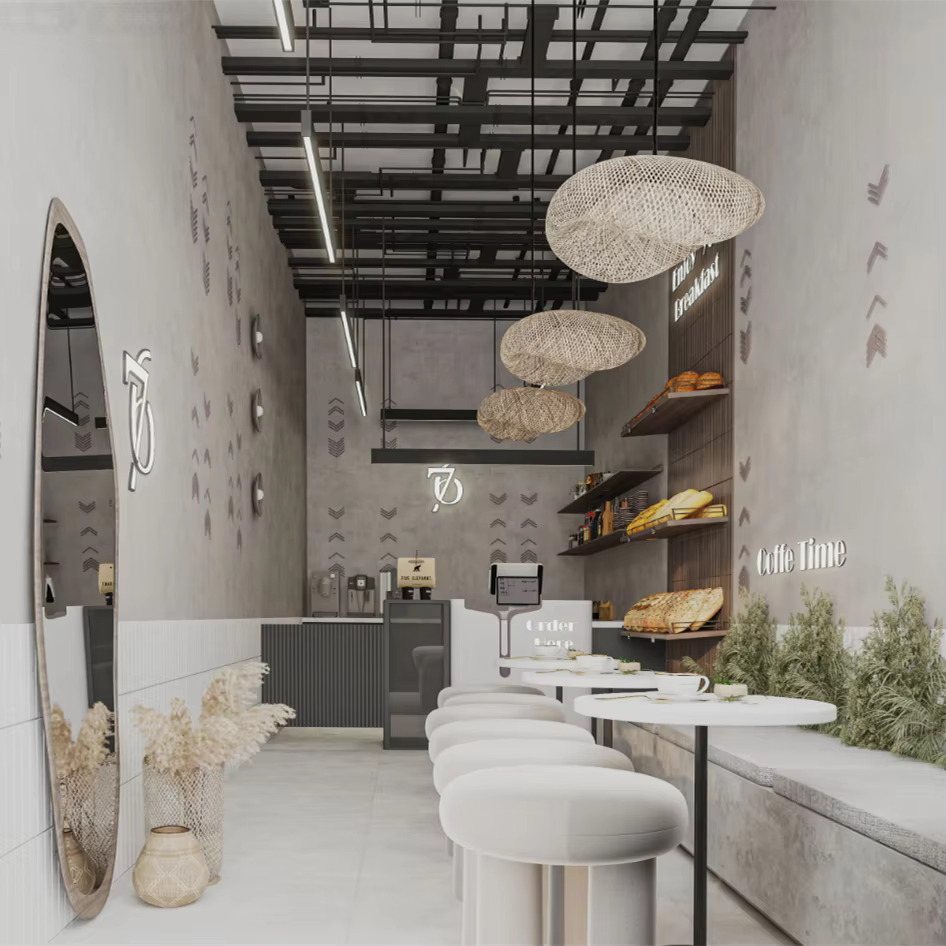 Comptoir de bar à café personnalisé haut de gamme, kiosque à café au design intérieur épuré et accessoires de décoration pour café commercial