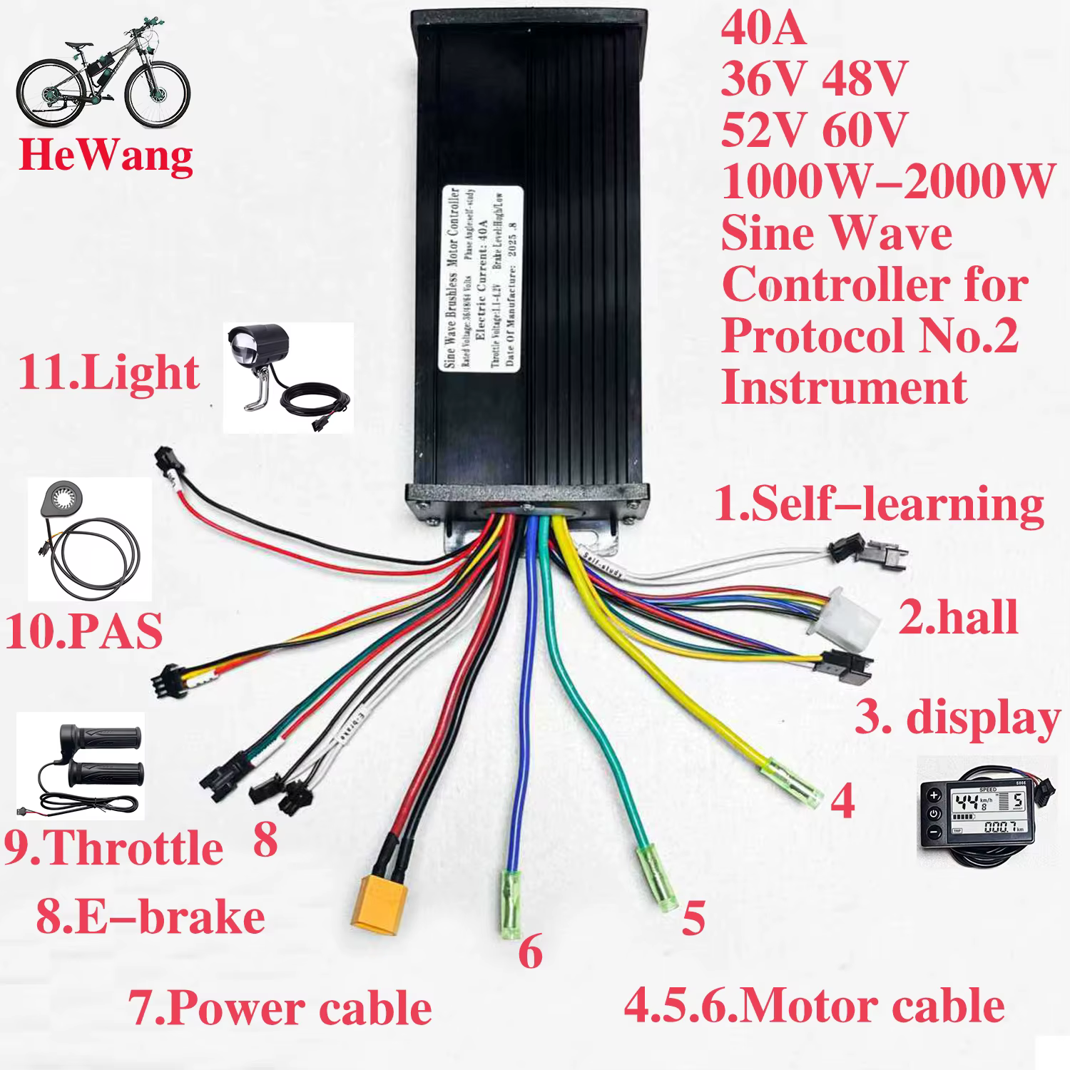 Contrôleur d'onde sinusoïdale de moteur sans balais de vélo électrique 36V 48V 60V 40A 1000W 1500W 2000W avec écran LCD couleur S900 pour Scooter e-mountain