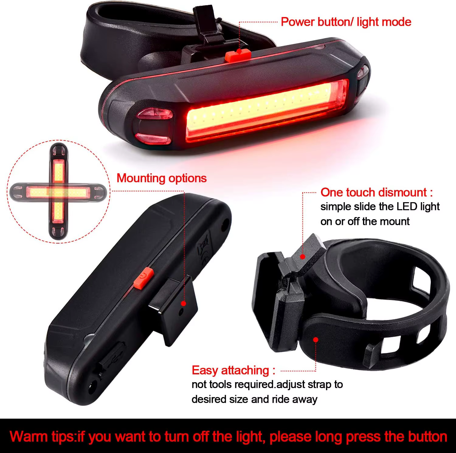 Feu arrière de vélo, feu de sécurité LED rechargeable par USB