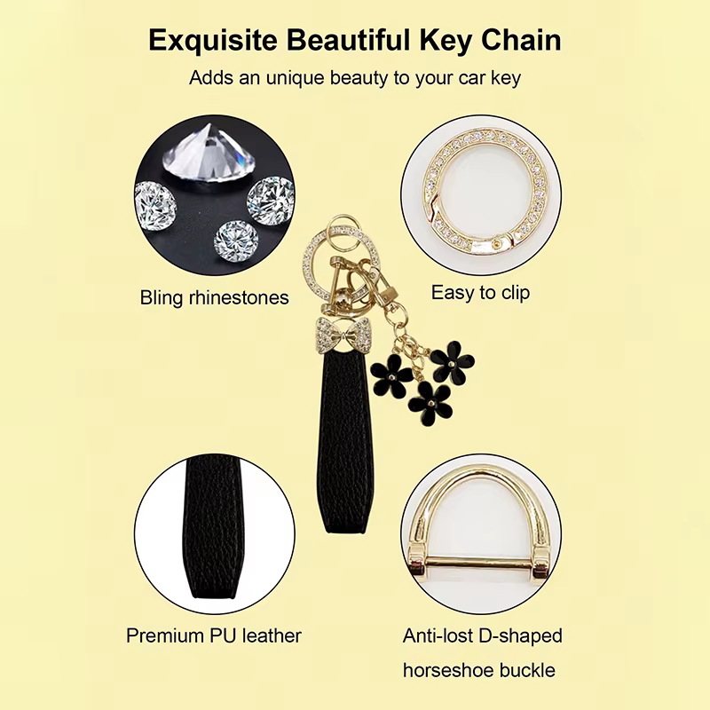 Porte-clés de luxe avec nœud et fleur, accessoire de clé de voiture en cristal élégant, cuir PU Durable, cadeau à la mode pour femmes, apparence exquise