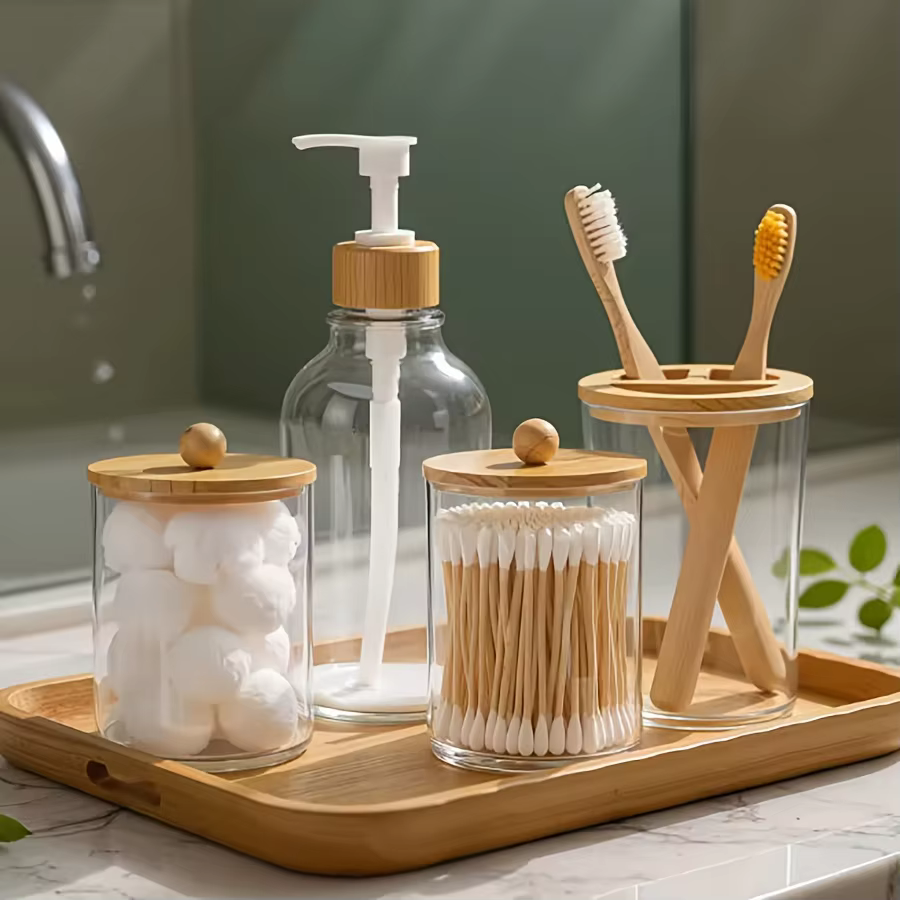 Ensembles d'accessoires de salle de bain Boho, ensemble complet d'accessoires de salle de bain, 4 pièces, distributeur de savon de bain transparent et porte-brosse à dents