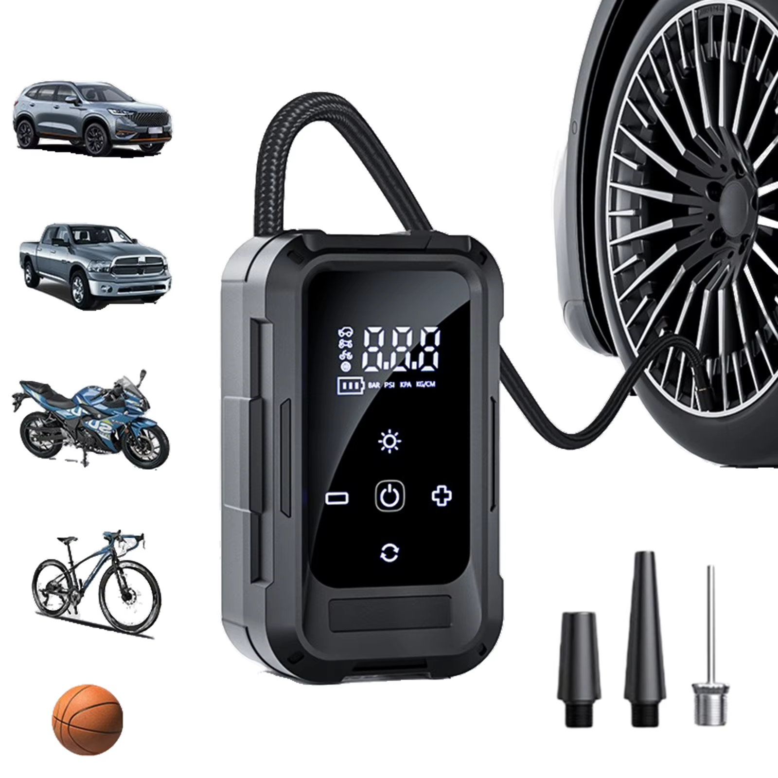 Gonfleur de pneus 140 PSI avec manomètre numérique, pompe à air électrique pour voiture, moto, vélo, ballons et plus encore